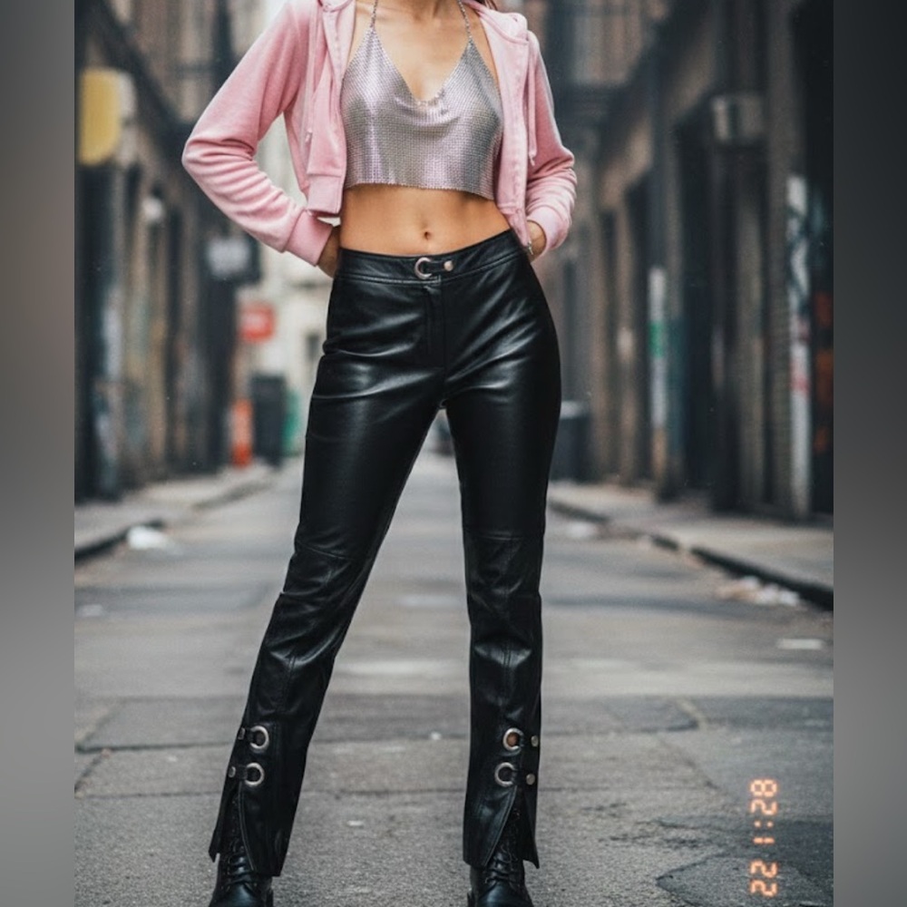 Metrostyle Black Y2K Metal looped Leather Pants
